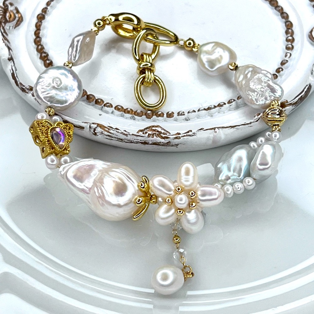 Handmade Freshwater Edison Flameball Blue Keshi Pearl Flower 🌺 Braided Bracelet